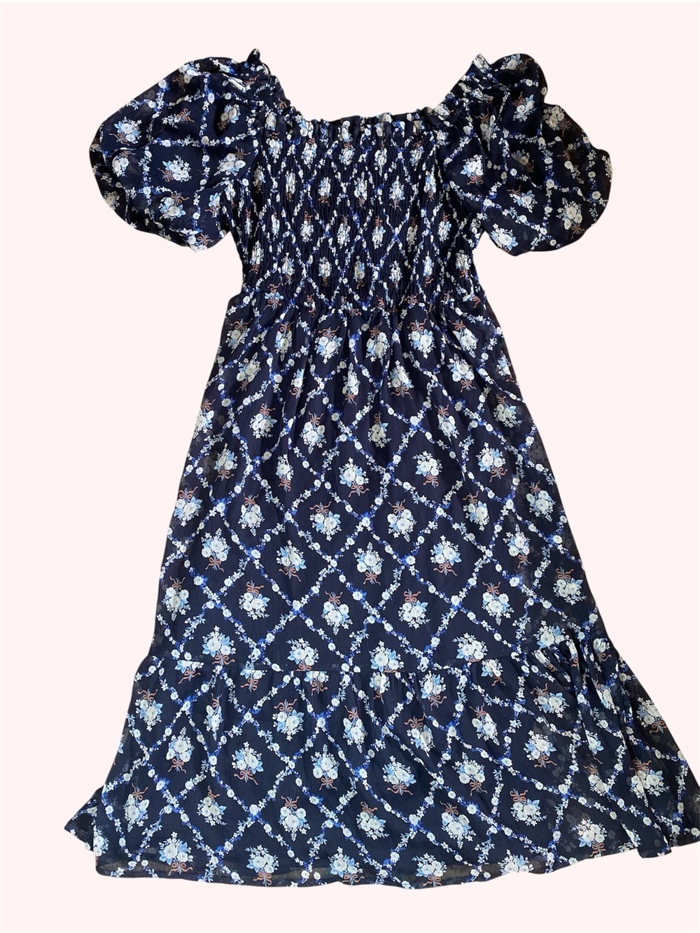 🌸Lauren Conrad Navy Blue Floral Smocked Puff Sleeve Square Neck Short Dress S - Picture 2 of 9